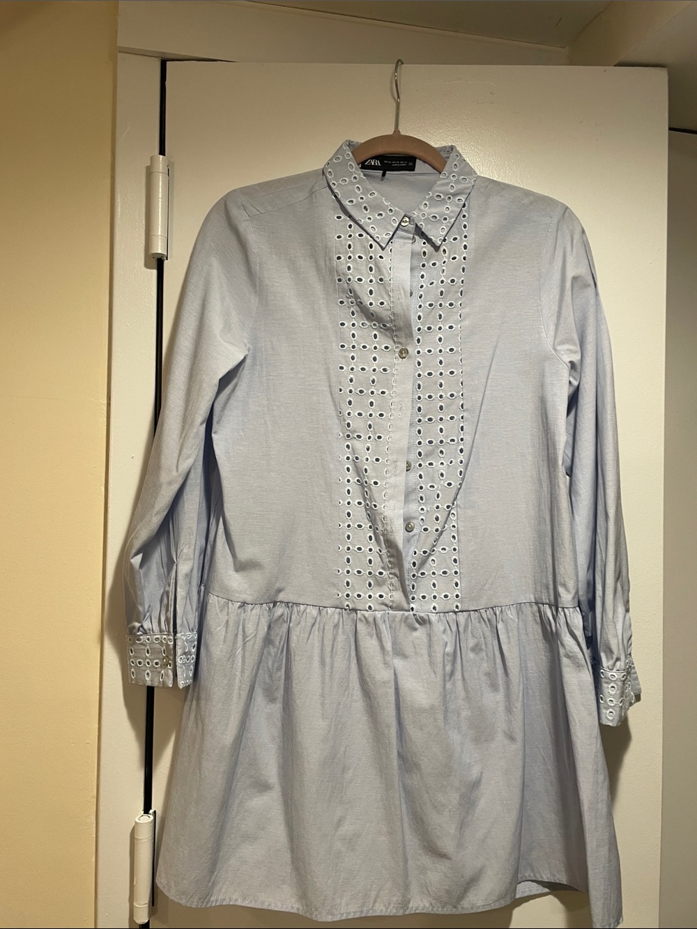 Zara Light Blue Eyelet-Trim Shirt Dress